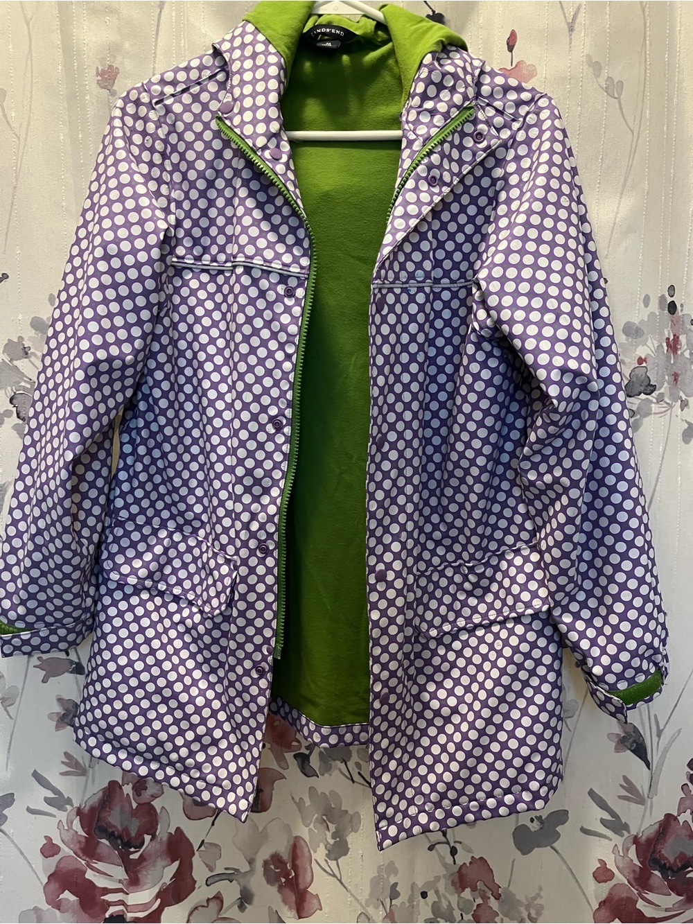 Lands' End Purple Polka Dot Rain Coat with Green Lining